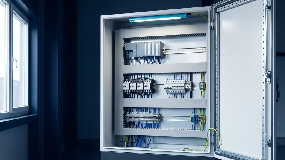 AI visualization: Precisely arranged industrial controls and electrical components.