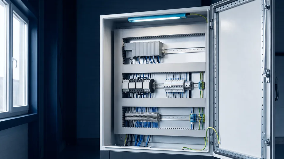 Precisely arranged industrial controls and electrical components.