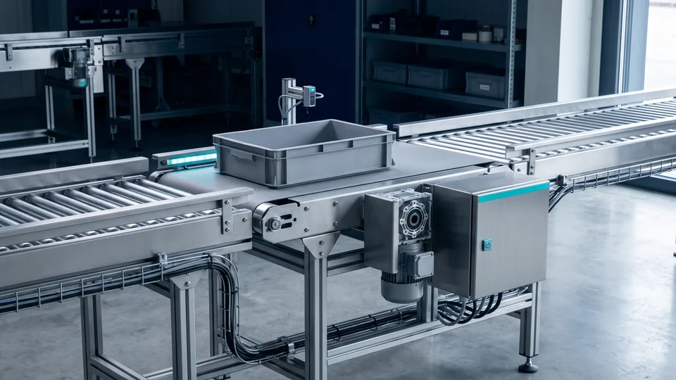 AI visualization: Conveyor equipment connecting the stages of a production process.