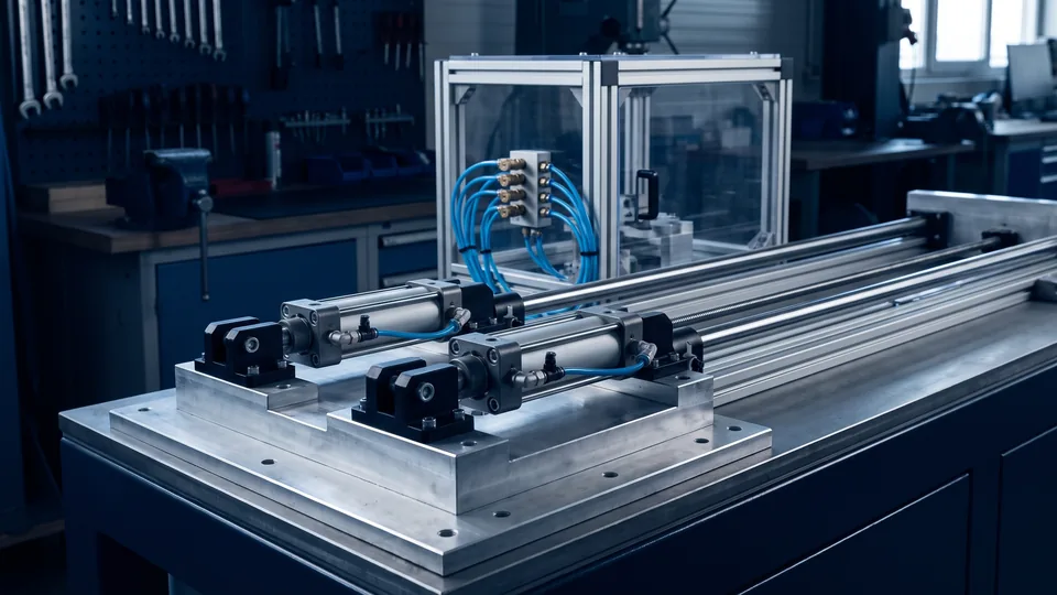 AI visualization: Precision mechanisms and pneumatic components in a custom machine.