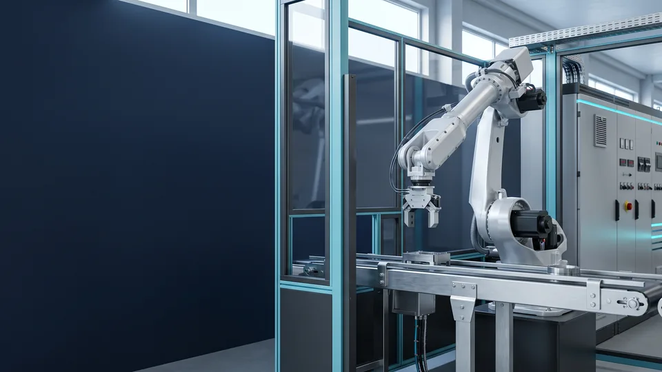 AI visualization: A modern production line connecting automation and robotics.