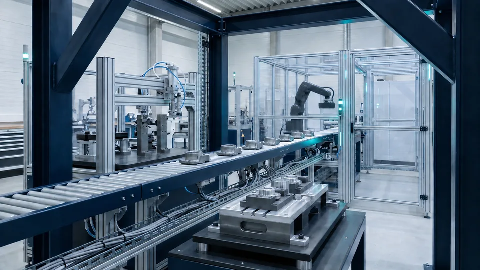 Assembly stations and handling equipment integrated into a guarded production line.