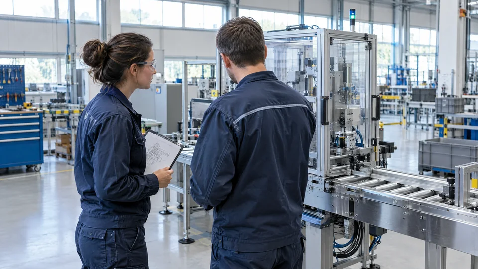 Two engineers review an assembly station and conveyor on a factory floor.