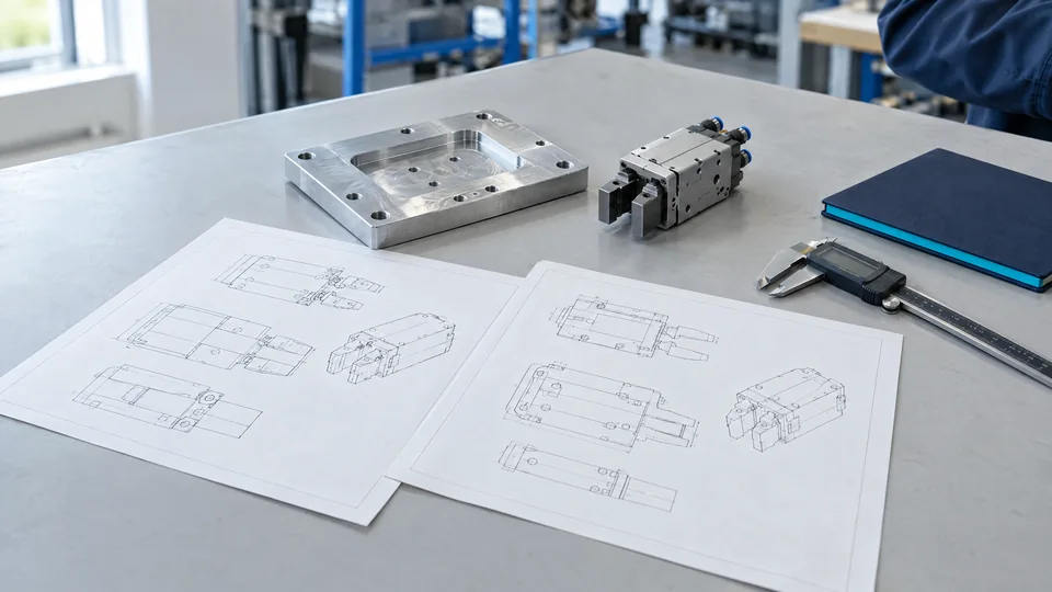 Mechanical drawings, a machined fixture, a pneumatic gripper and a caliper on an engineering workbench.
