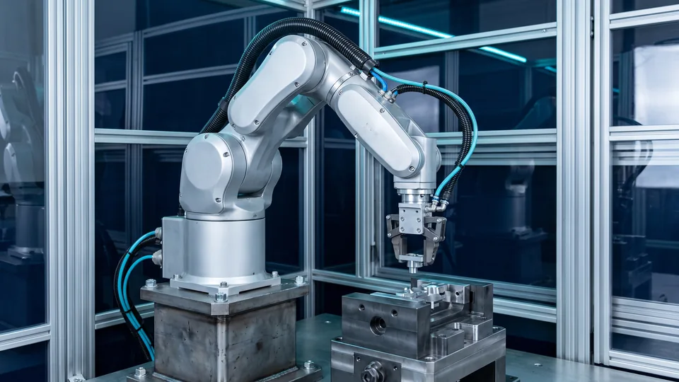 AI visualization: An industrial robot integrated into a guarded production cell.